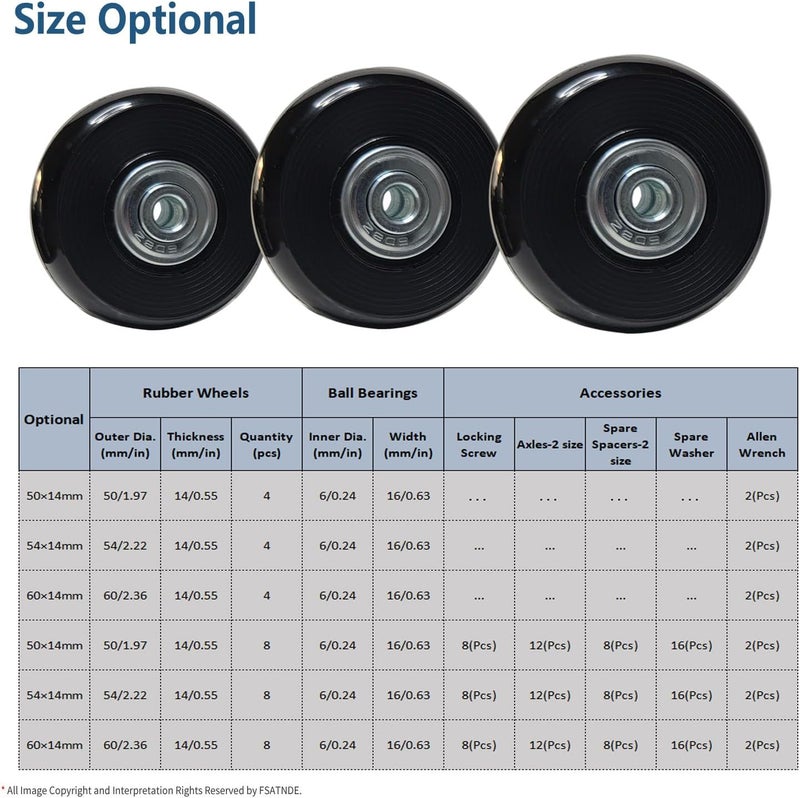 FSATNDE Luggage Suitcase Replacement Wheels Set Suitcase Spinner Wheels 8Pcs PU Bearing Wheels-Install Dia 2in/50mm Width 0.63in/16mm with 2 Size Axles for Trolley Bag Drawbar Box Smooth Rolling Repair - Image 5